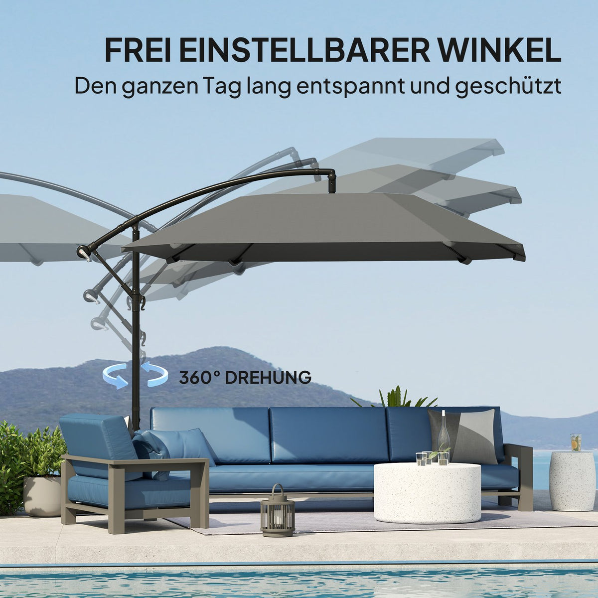 Cantilever umbrella, aluminum diameter 260 cm, parasol, waterproof, crank umbrella with stand, crank, wind lock, tiltable market umbrella, tiltable garden umbrella, sun protection for balcony, garden, terrace, dark gray