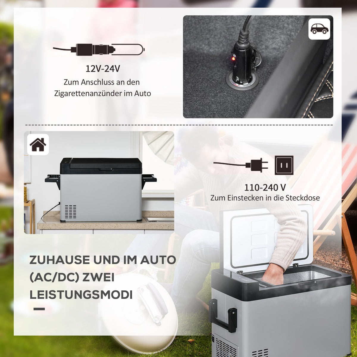 Car Cooler Box 50L With Lcd Display 2 Modes Compressor Car Fridge With Handles Boat Camper Travel 12/24V Dc And 110-240V Ac Grey+Black
