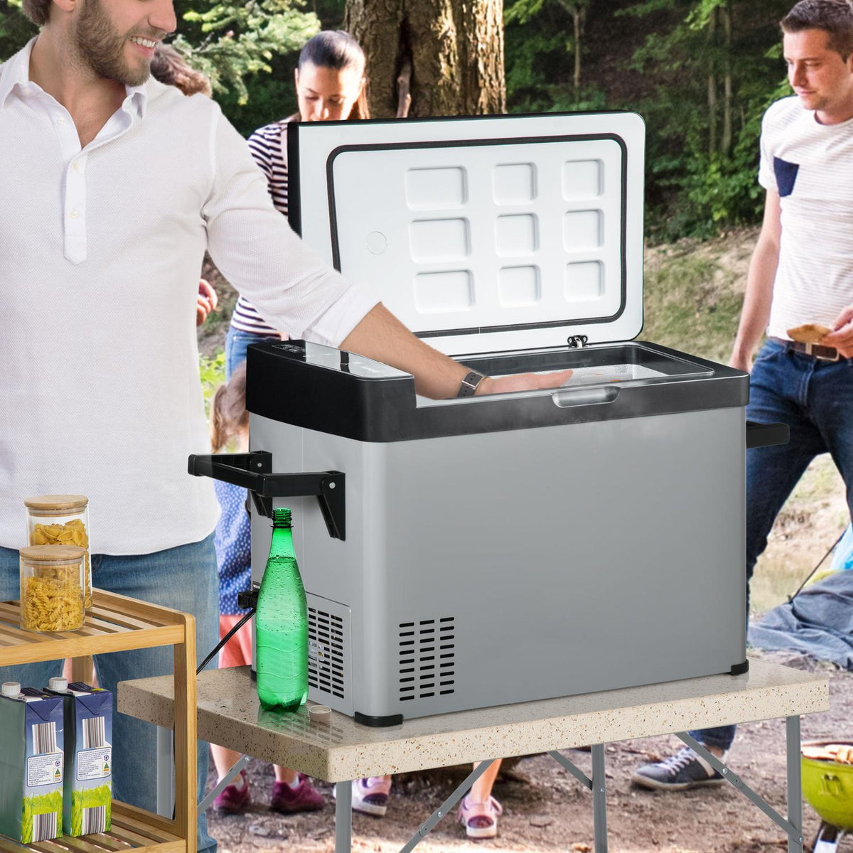 Car Cooler Box 50L With Lcd Display 2 Modes Compressor Car Fridge With Handles Boat Camper Travel 12/24V Dc And 110-240V Ac Grey+Black