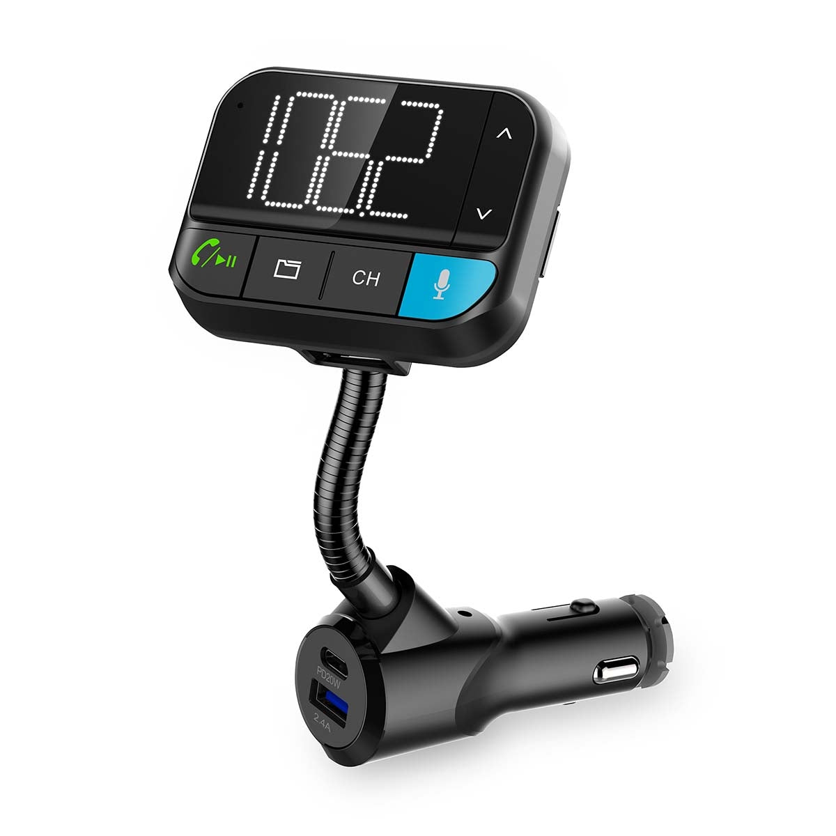 Car FM Transmitter | Gooseneck | Hands free calling | 2 " | Black White Screen | Bluetooth® | PD 20 W / QC 3.0 | Fast charging | Bass boost | Google Assistant / Siri | Black