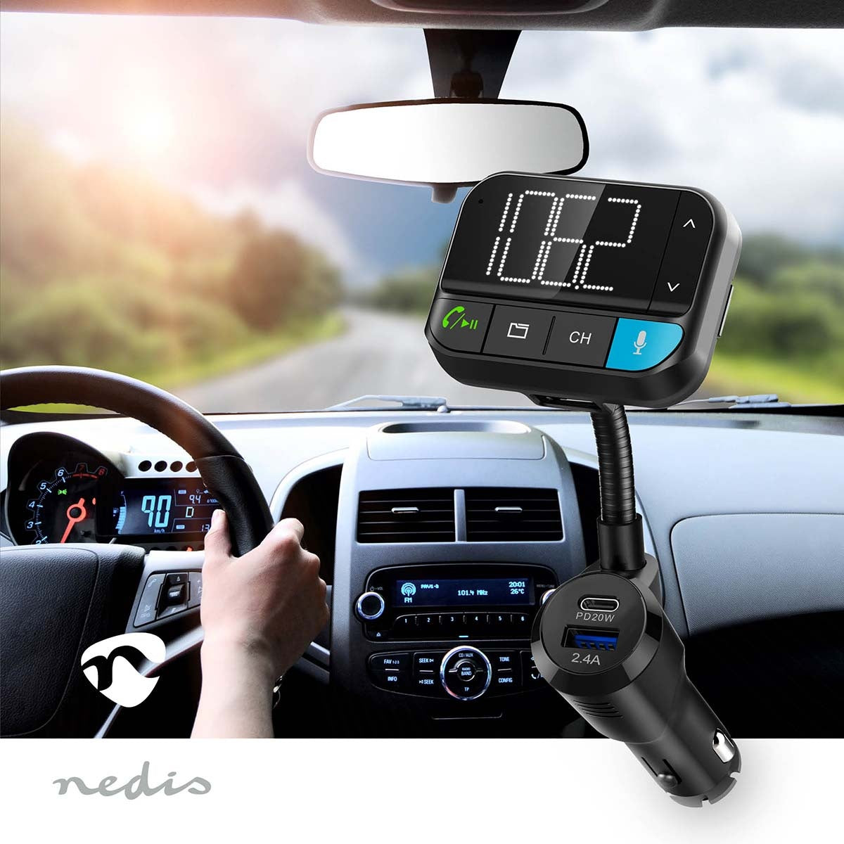 Car FM Transmitter | Gooseneck | Hands free calling | 2 " | Black White Screen | Bluetooth® | PD 20 W / QC 3.0 | Fast charging | Bass boost | Google Assistant / Siri | Black