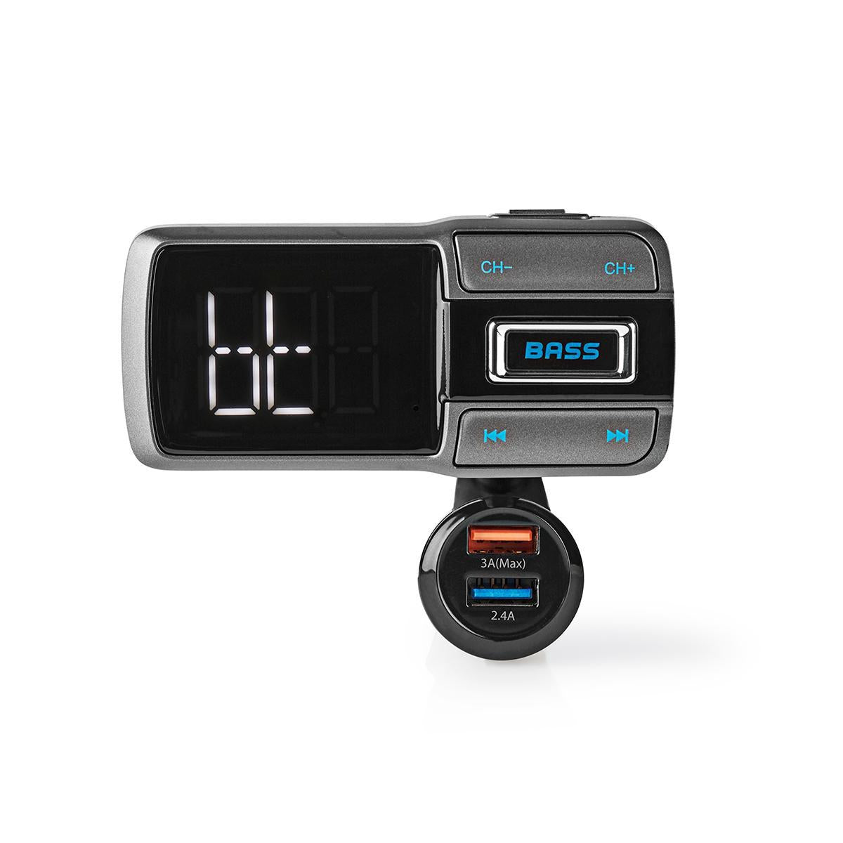 Car FM Transmitter | Gooseneck | Wireless calls | 2.0 " | LED Screen | Bluetooth® | QC 3.0 / 5.0 V DC / 2.4 A | Fast charging | Bass boost | Google Assistant / Siri | Gray / Black