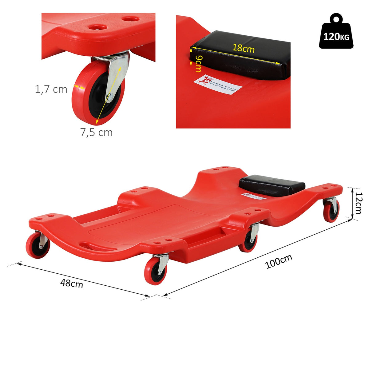 Car Rolling Board, Workshop Lounger, Car Assembly Lounger, Assembly Rolling Board With 6 Wheels, Red, Load Capacity 120 Kg