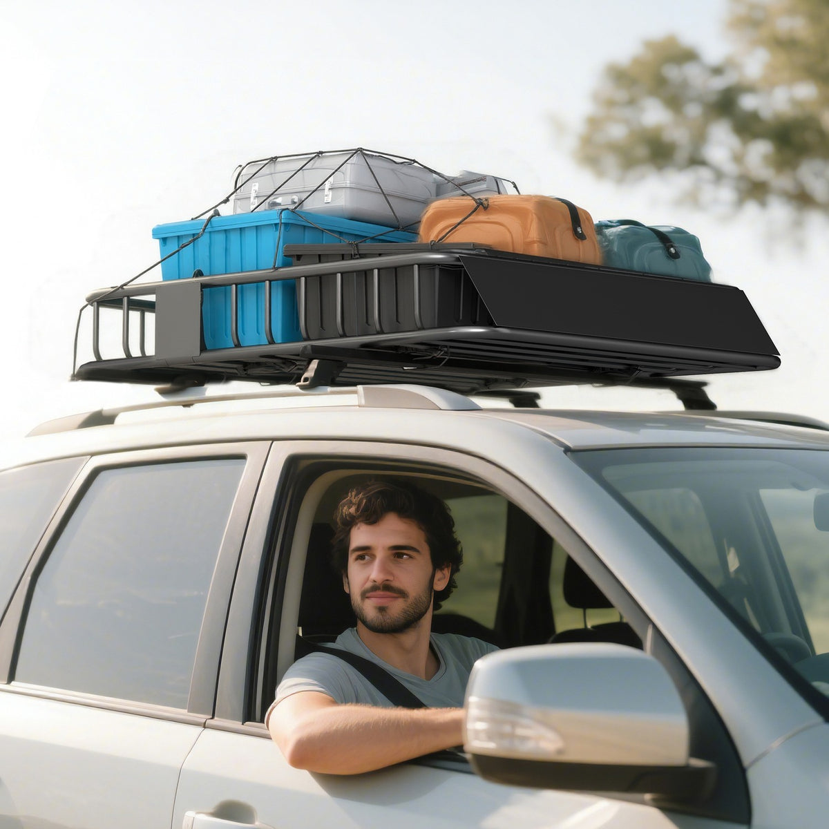 Car Roof Cargo Basket, Steel, 90.7 kg Capacity, Black