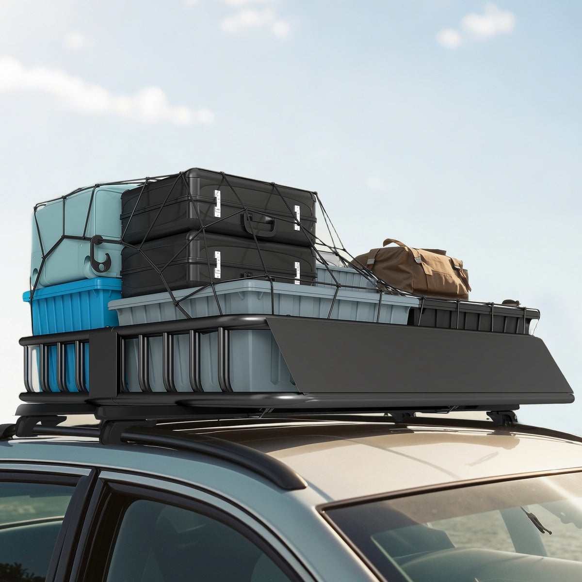 Car Roof Cargo Basket, Steel, 90.7 kg Capacity, Black