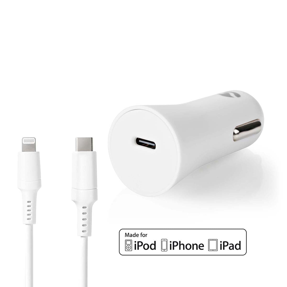 Car charger | 20 W| 1.67 / 2.22 / 3.0 A| Number of outputs: 1 | Port type: USB-C™ | Lightning 8-Pin (Loose) Cable | 1.0 m | Automatic selection of Voltage