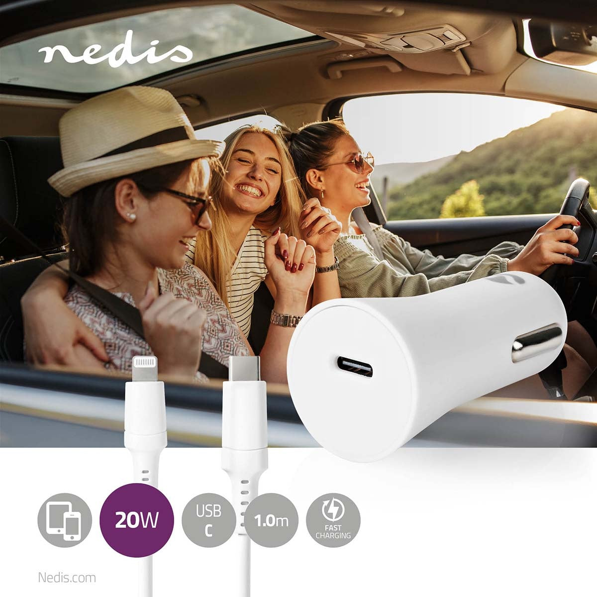 Car charger | 20 W| 1.67 / 2.22 / 3.0 A| Number of outputs: 1 | Port type: USB-C™ | Lightning 8-Pin (Loose) Cable | 1.0 m | Automatic selection of Voltage