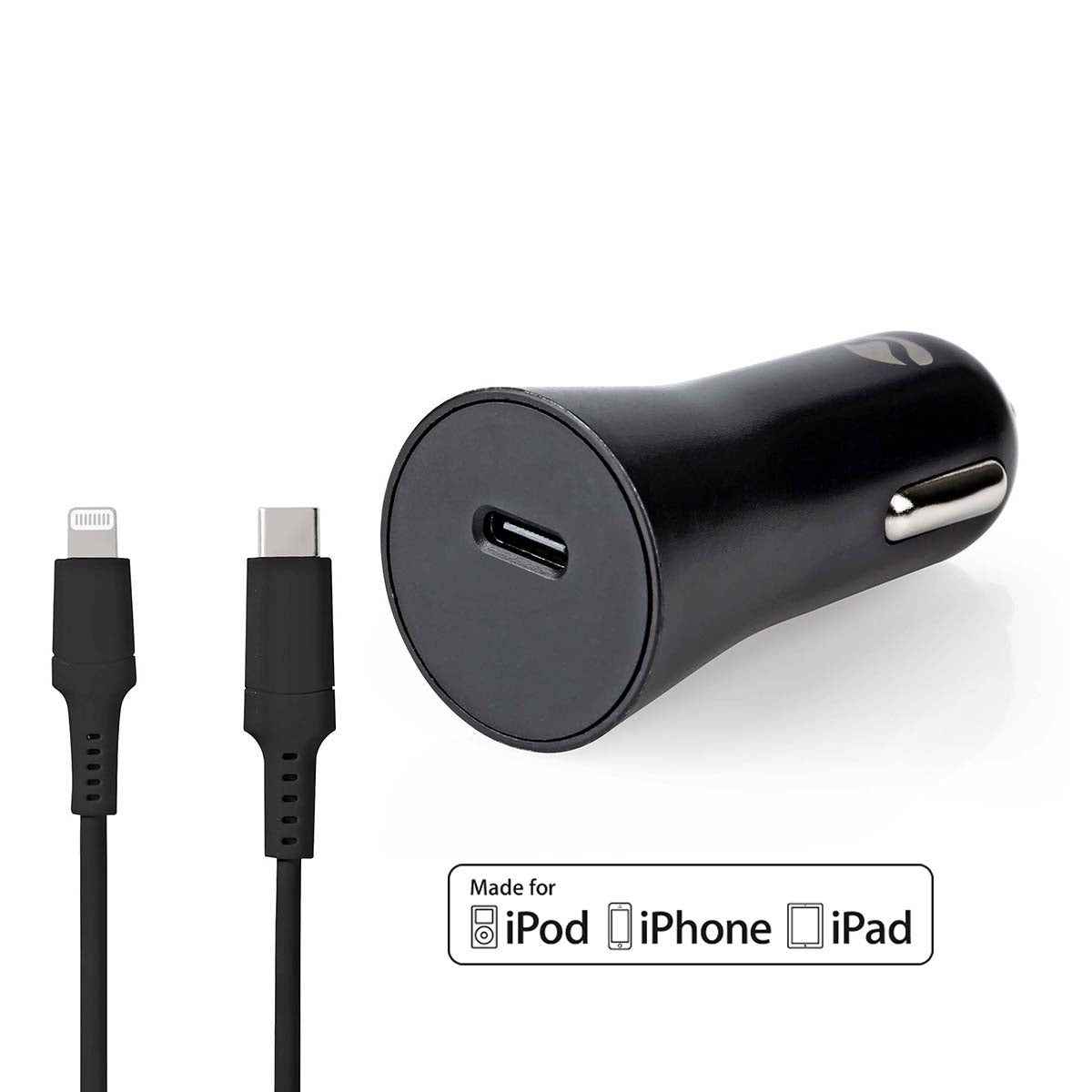 Car charger | 20 W| 1.67 / 2.22 / 3.0 A| Number of outputs: 1 | Port type: USB-C™ | Lightning 8-Pin (Loose) Cable | 1.0 m | Automatic selection of Voltage