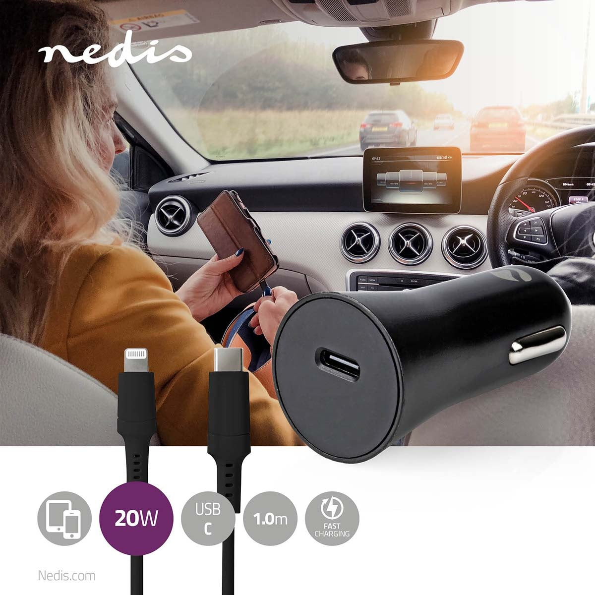 Car charger | 20 W| 1.67 / 2.22 / 3.0 A| Number of outputs: 1 | Port type: USB-C™ | Lightning 8-Pin (Loose) Cable | 1.0 m | Automatic selection of Voltage