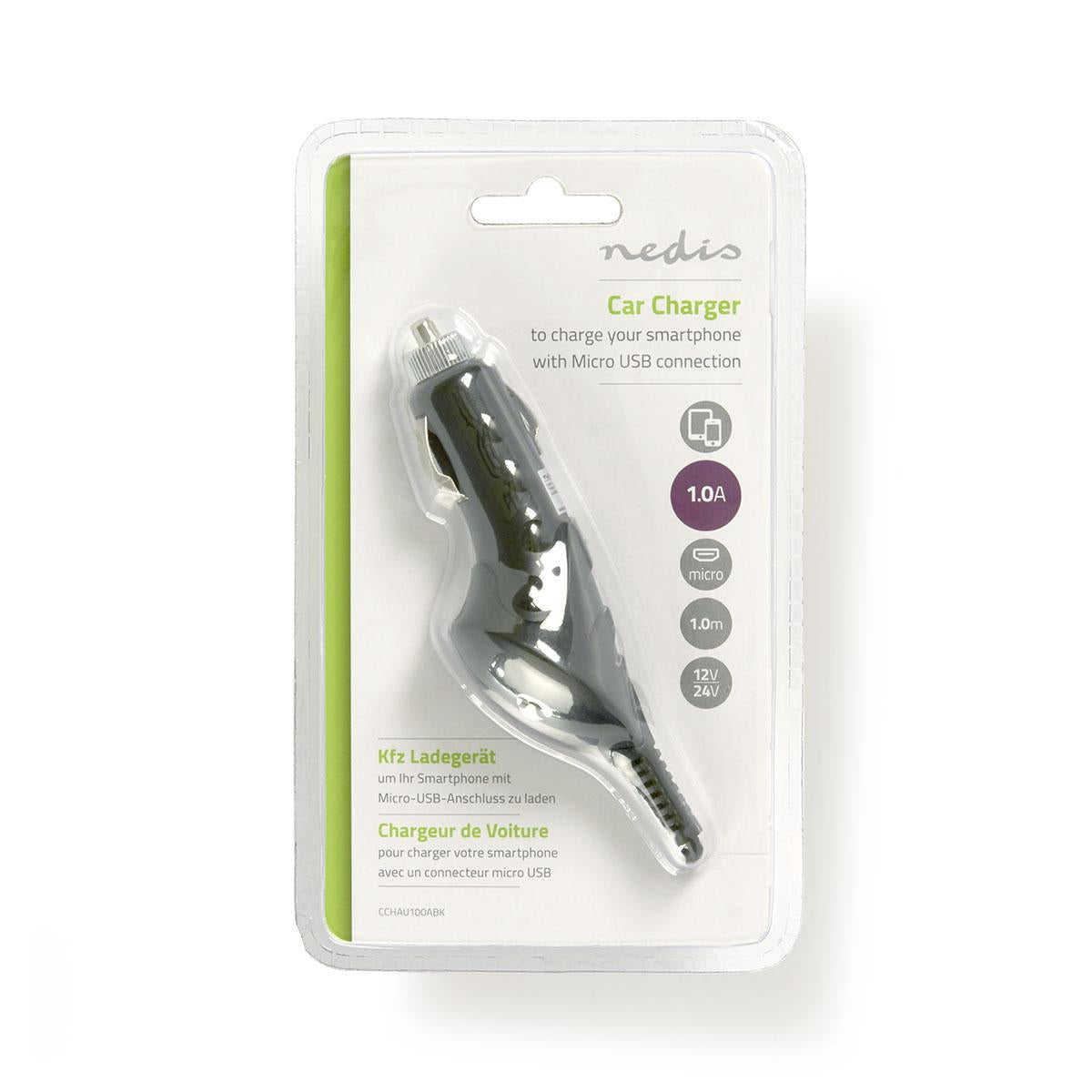 Car charger | 5 W| 1x 1.0 A| Number of outputs: 1 | Micro USB (Fixed) Cable | 1.00 m | Single Voltage Output