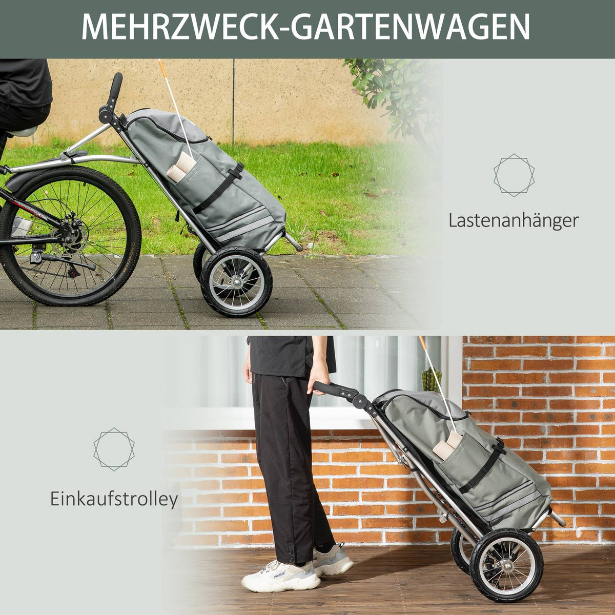 Cargo Trailer & Shopping Trolley 2 In 1 For Bicycle Trailers, With Connecting Clamps, 24.3Kg, 55L, Aluminum+Oxford, Gray+Silver, 53X43X110Cm
