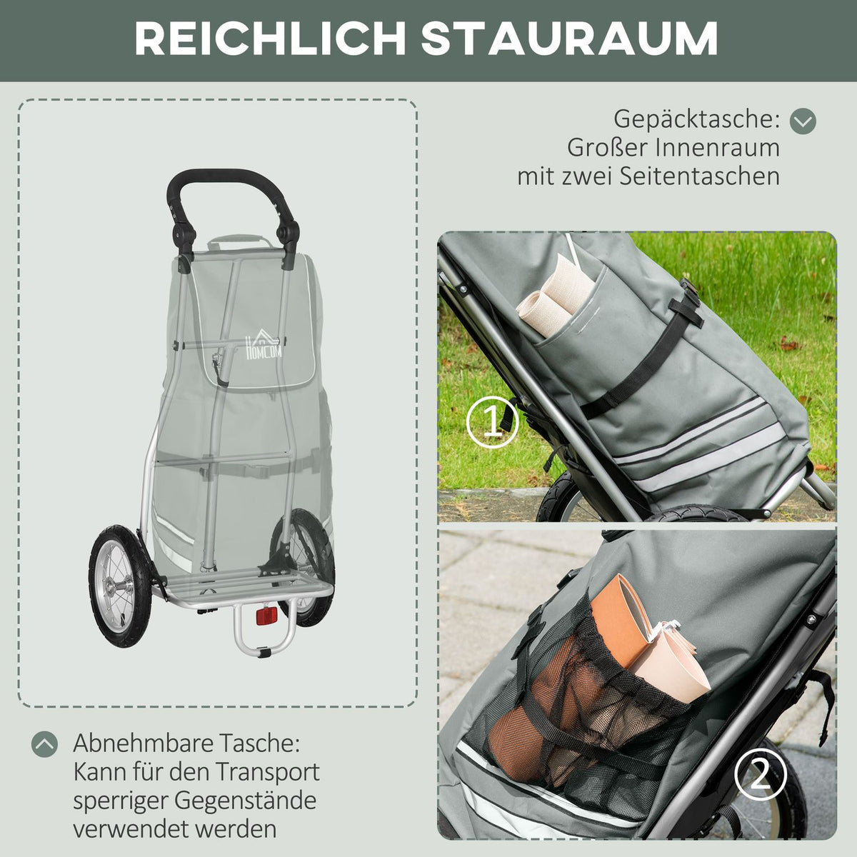 Cargo Trailer & Shopping Trolley 2 In 1 For Bicycle Trailers, With Connecting Clamps, 24.3Kg, 55L, Aluminum+Oxford, Gray+Silver, 53X43X110Cm