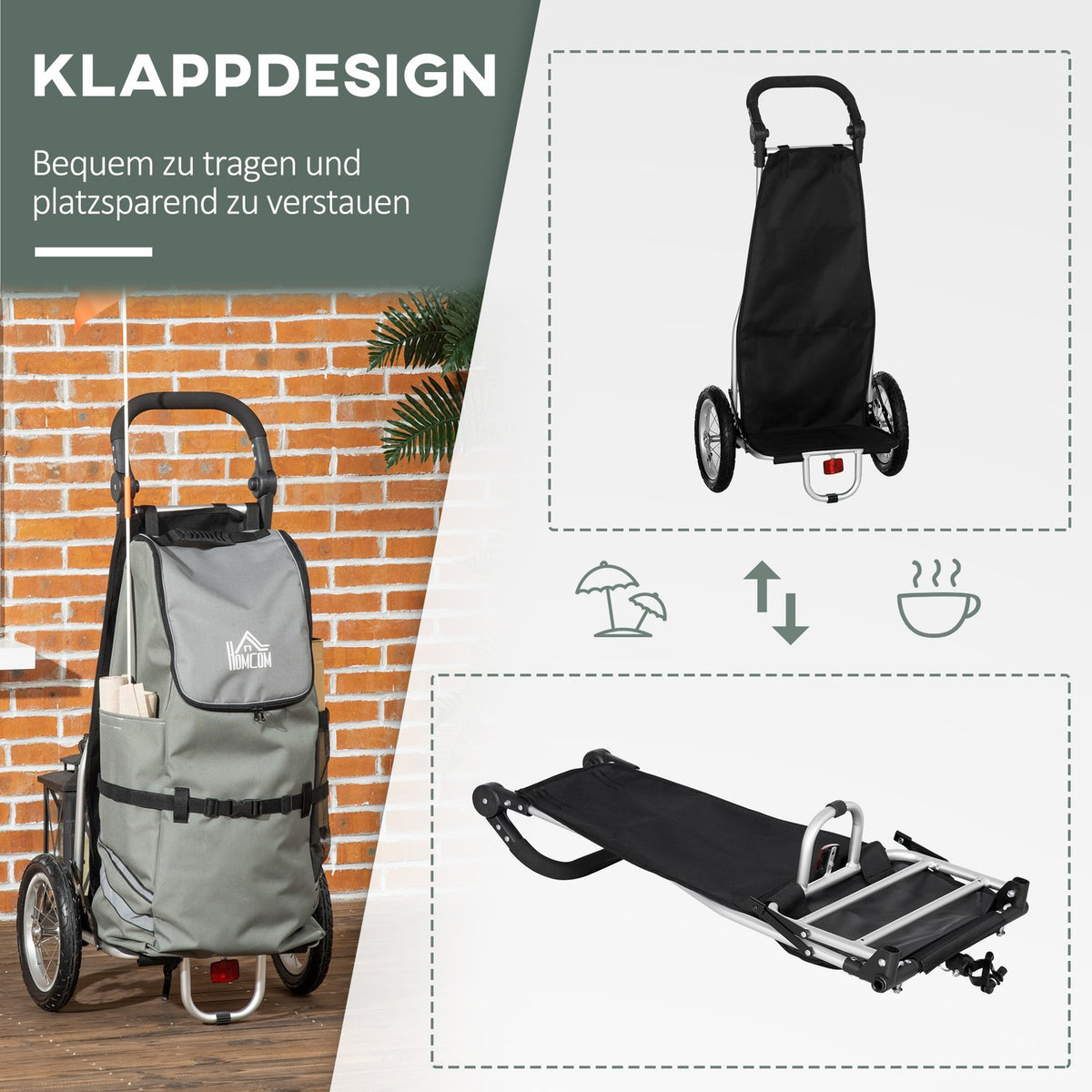 Cargo Trailer & Shopping Trolley 2 In 1 For Bicycle Trailers, With Connecting Clamps, 24.3Kg, 55L, Aluminum+Oxford, Gray+Silver, 53X43X110Cm