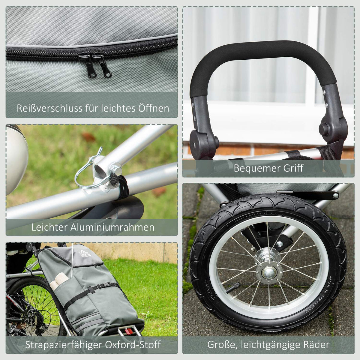 Cargo Trailer & Shopping Trolley 2 In 1 For Bicycle Trailers, With Connecting Clamps, 24.3Kg, 55L, Aluminum+Oxford, Gray+Silver, 53X43X110Cm