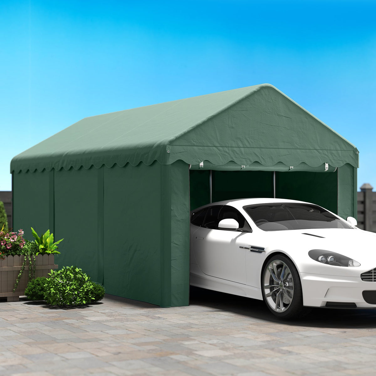 Carport 3x6 m tent garage with roller doors, roof, removable side walls, UV-resistant waterproof garage tent shelter storage tent pasture tent garage canopy for car, truck, SUV, boat, green