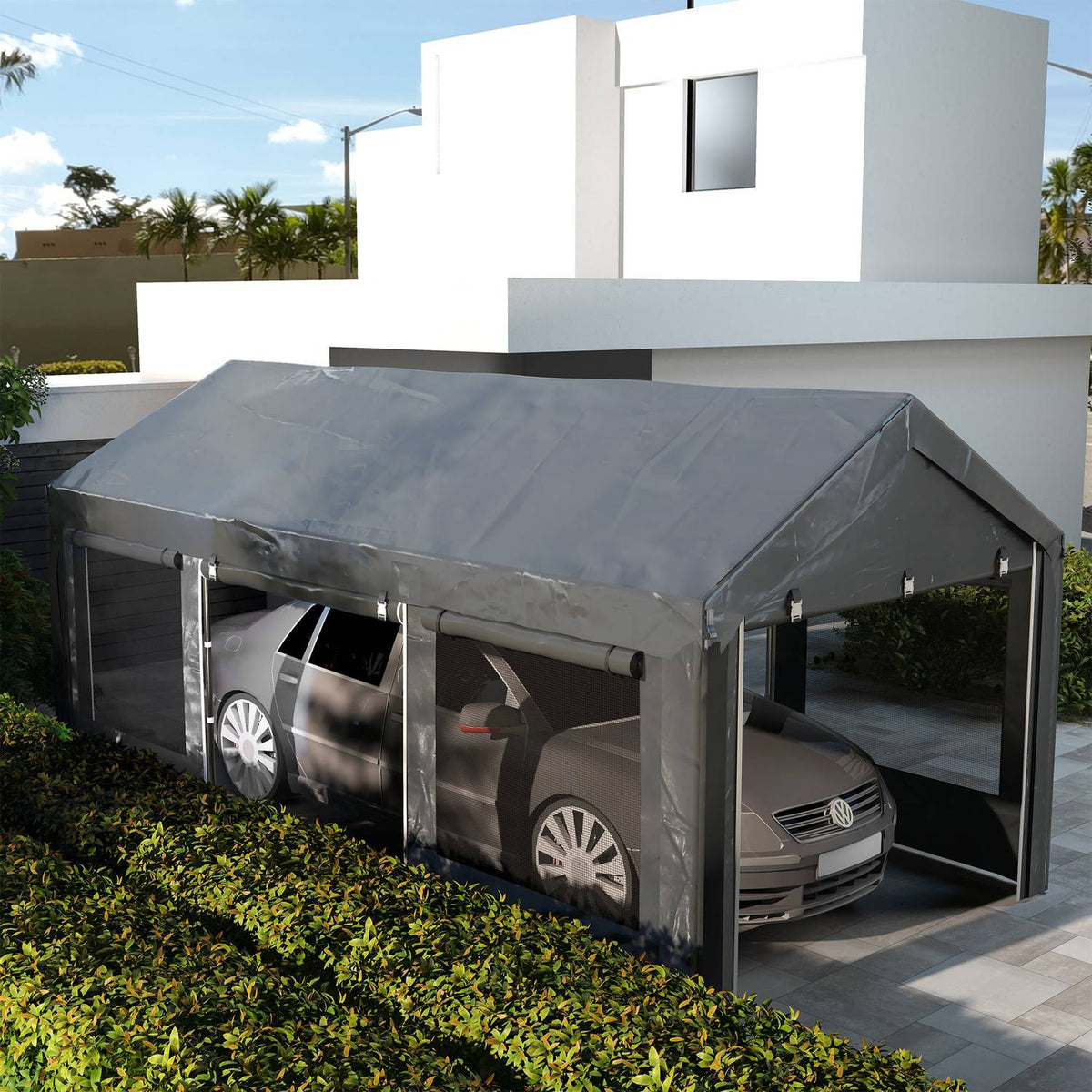 Carport, Approx. 6 X 3M Party Tent, Height Adjustable Car Garage, Car Canopy With 4 Mesh Windows, 4 Doors, For Cars, Trucks, Steel, Dark Gray