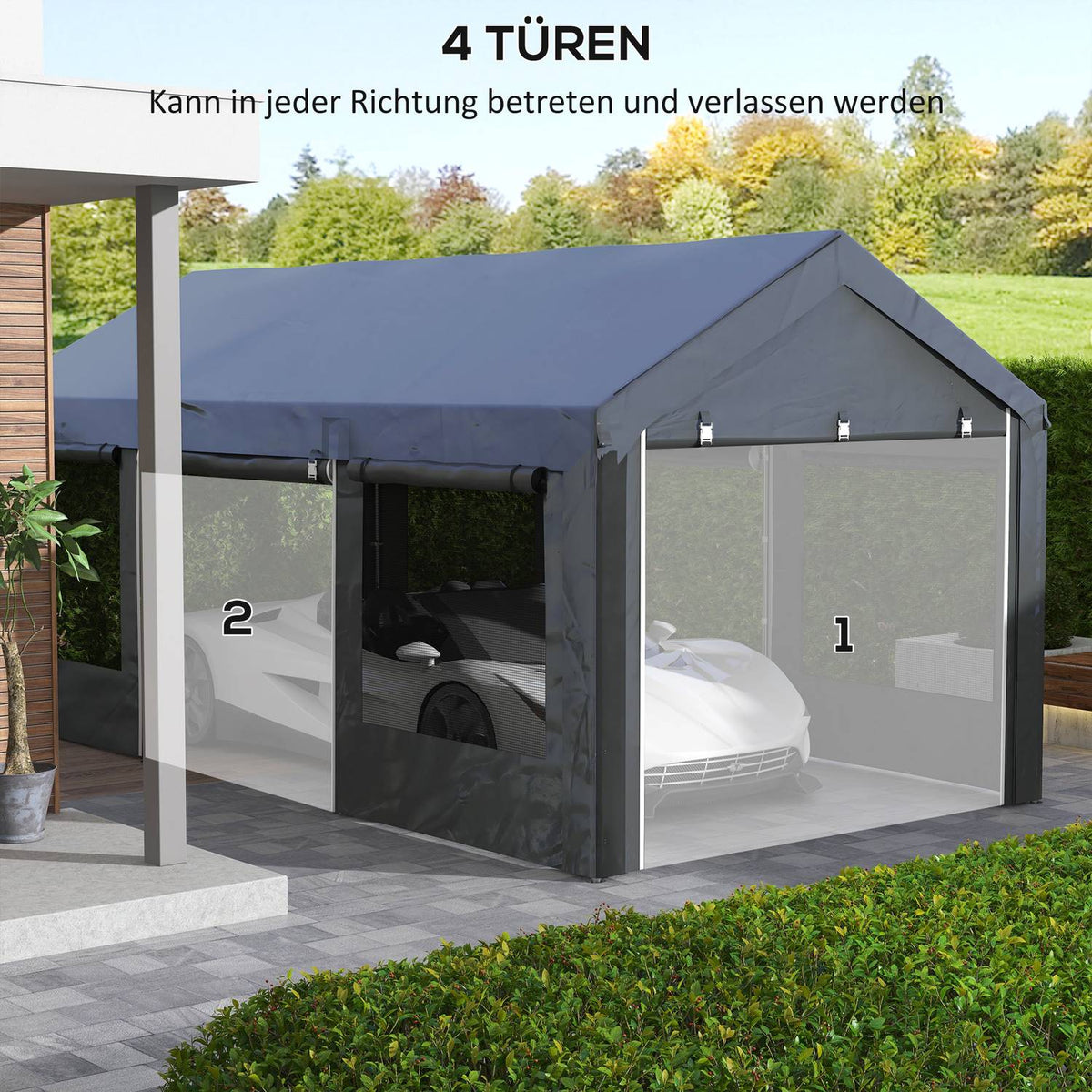 Carport, Approx. 6 X 3M Party Tent, Height Adjustable Car Garage, Car Canopy With 4 Mesh Windows, 4 Doors, For Cars, Trucks, Steel, Dark Gray