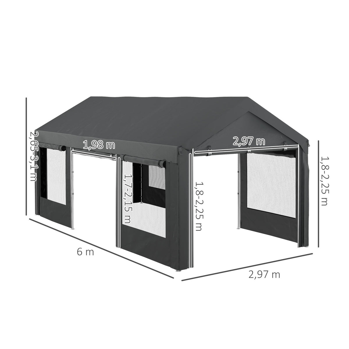 Carport, Approx. 6 X 3M Party Tent, Height Adjustable Car Garage, Car Canopy With 4 Mesh Windows, 4 Doors, For Cars, Trucks, Steel, Dark Gray