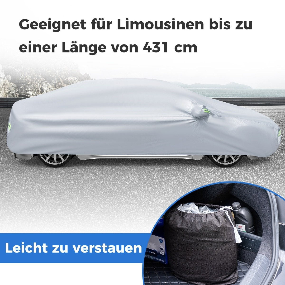 Car tarpaulin with zip and pocket, weatherproof car cover, 455 x 165 x 115 cm, silver