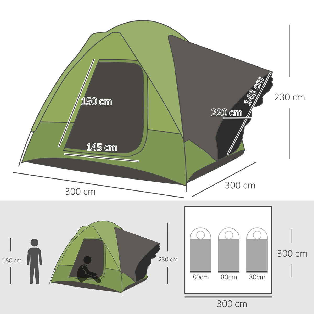 Car tent, camping tent, travel tent, for 4-5 people, fiberglass polyester, green, 300 x 300 x 230 cm