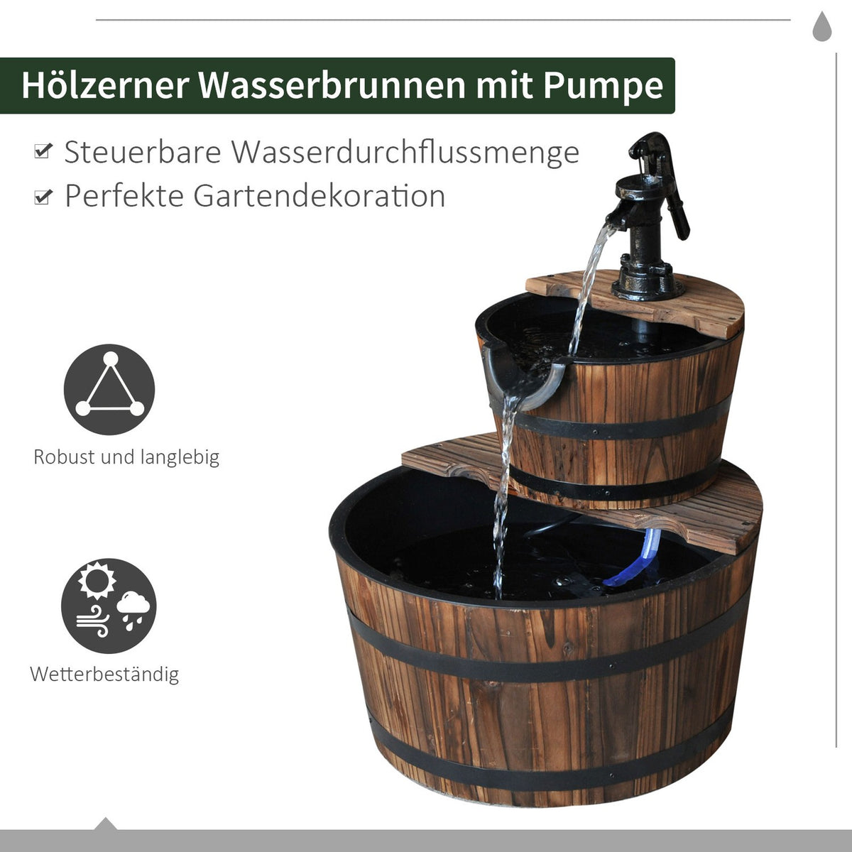 Cascade fountain 2 levels, garden fountain with waterfall and indoor fountain, fir wood, 44.5 x 44.5 x 58.5 cm, incl. garden pump