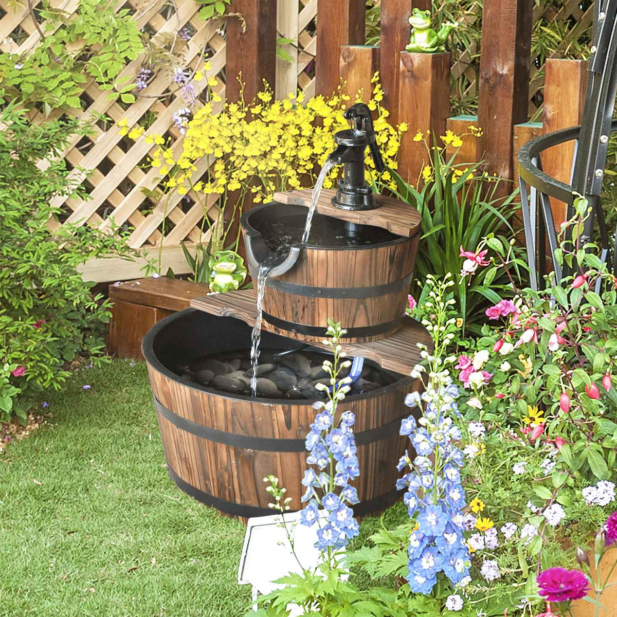Cascade fountain 2 levels, garden fountain with waterfall and indoor fountain, fir wood, 44.5 x 44.5 x 58.5 cm, incl. garden pump
