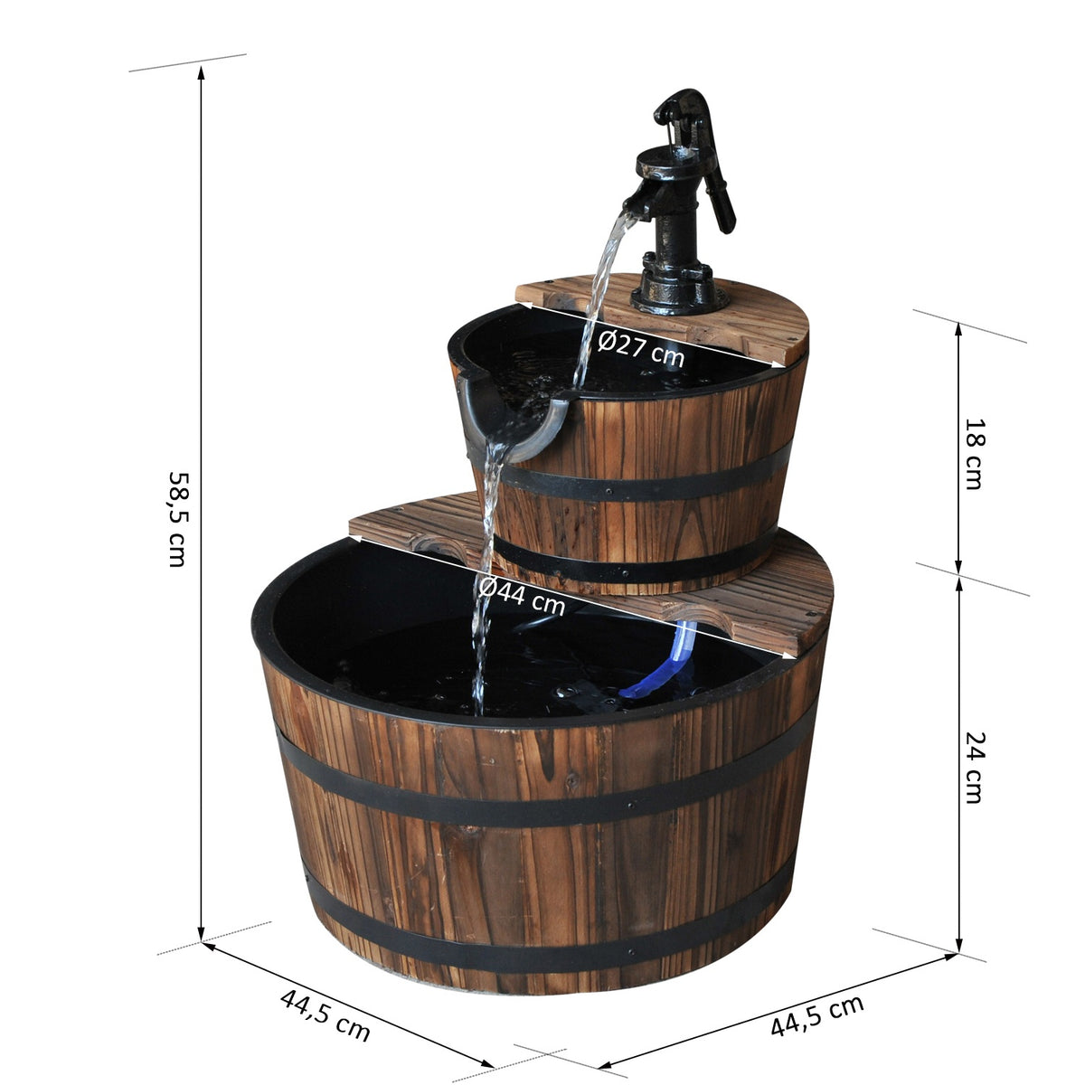 Cascade fountain 2 levels, garden fountain with waterfall and indoor fountain, fir wood, 44.5 x 44.5 x 58.5 cm, incl. garden pump