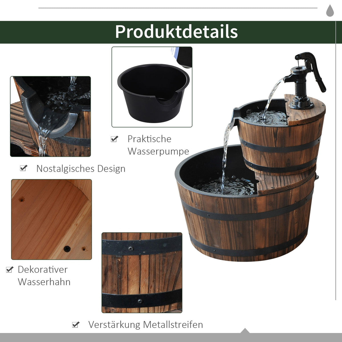Cascade fountain 2 levels, garden fountain with waterfall and indoor fountain, fir wood, 44.5 x 44.5 x 58.5 cm, incl. garden pump