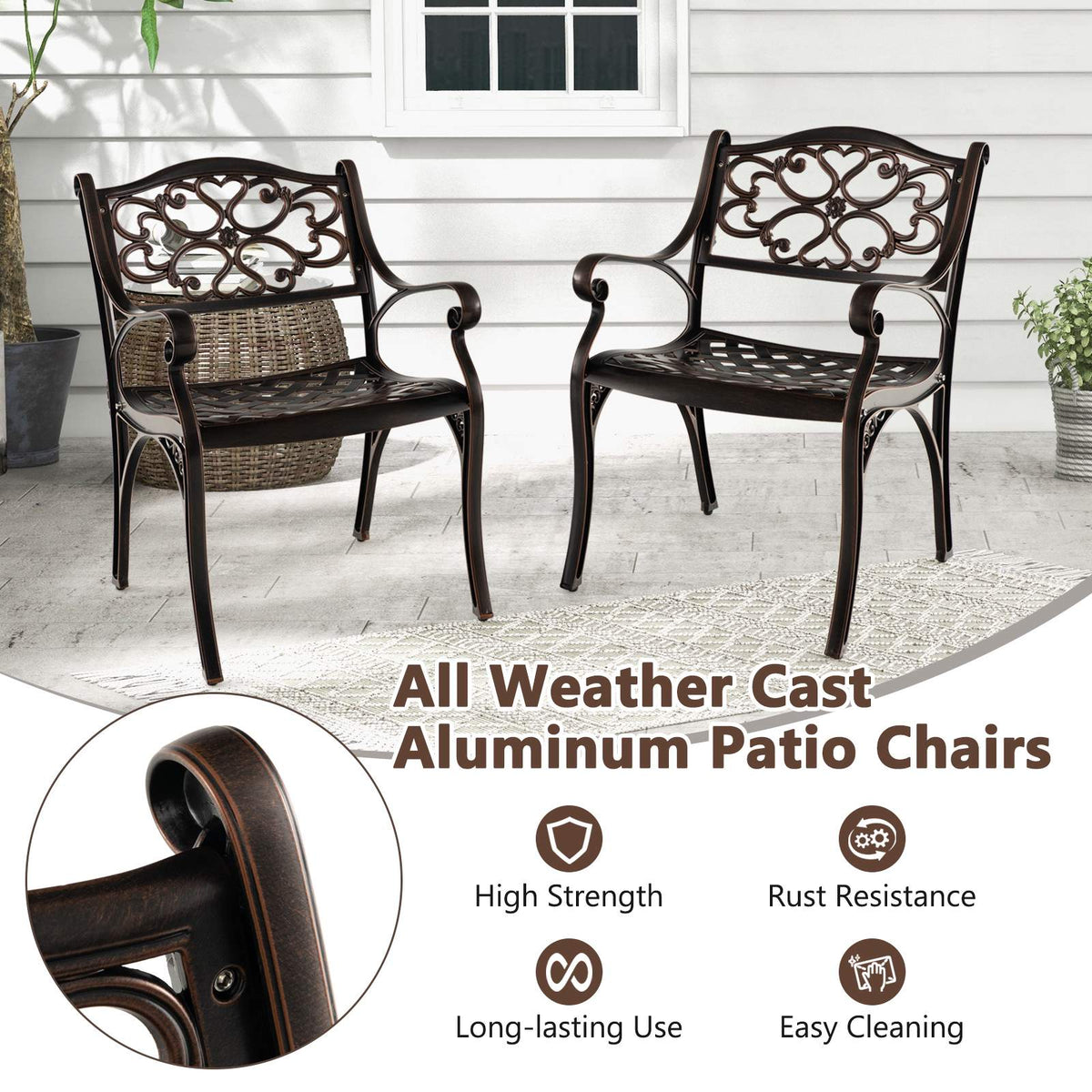 Cast Aluminum Patio Dining Chairs Set of 2, Armrests, Bronze