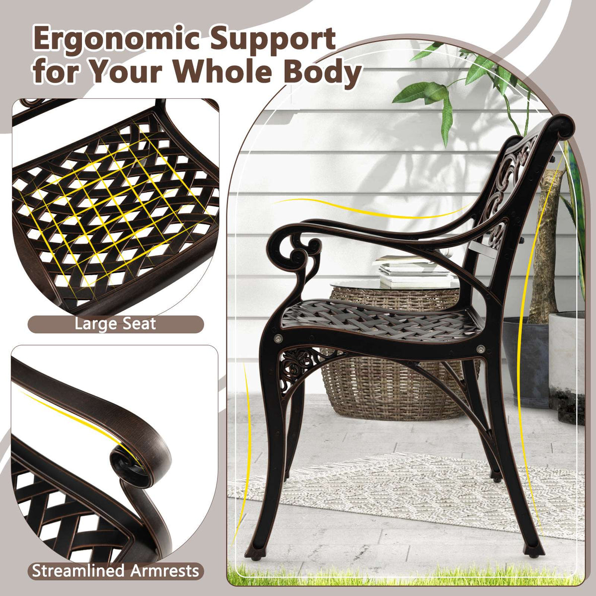 Cast Aluminum Patio Dining Chairs Set of 2, Armrests, Bronze