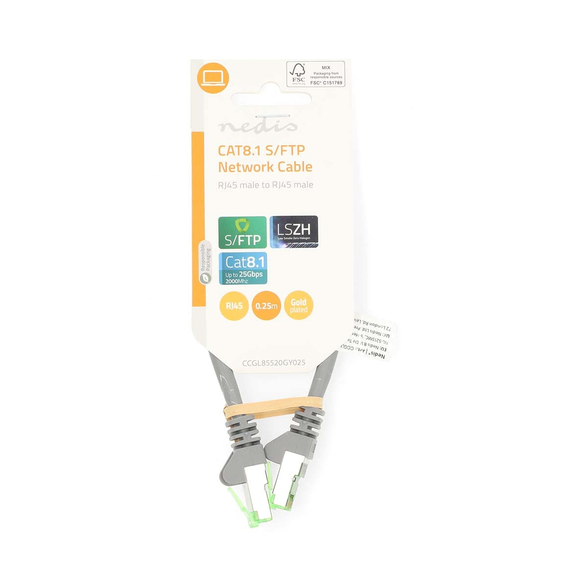 Cat 8.1 Network Cable | S/FTP | RJ45 Male | RJ45 Male | 0.25 m | Round | LSZH | Grey | Label