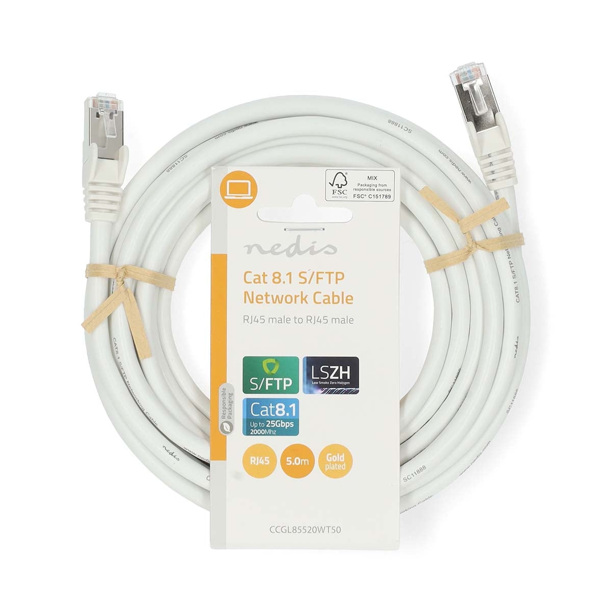 Cat 8.1 network cable | S/FTP | RJ45 male | RJ45 male | 5.00 m | Round | LSZH | White | Label
