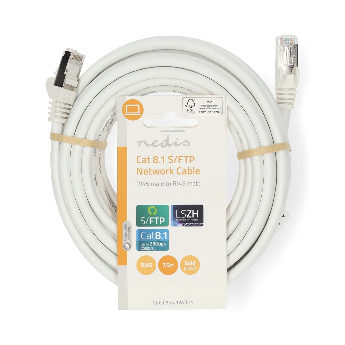 Cat 8.1 network cable | S/FTP | RJ45 male | RJ45 male | 7.50 m | Round | LSZH | White | Label