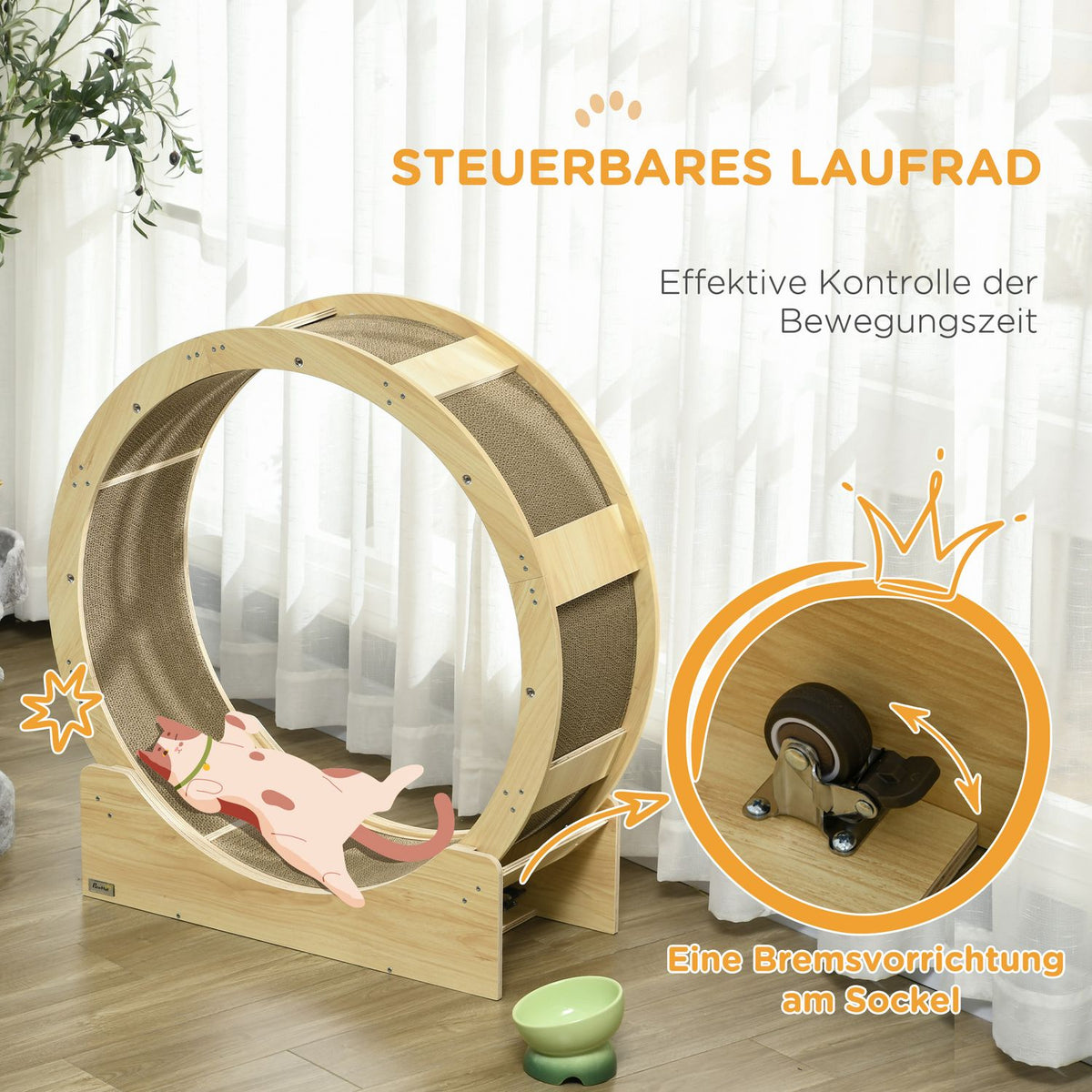 Cat Balance Bike 91 Cm With Brake, Scratching Board, Cat Wheel For Healthy Exercise, Relaxation, Oak