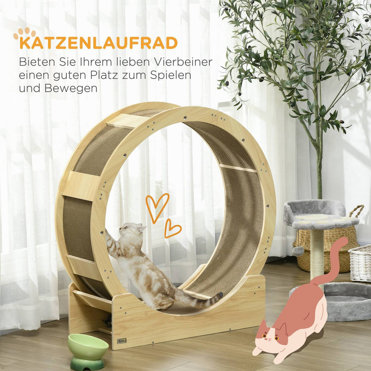 Cat Balance Bike 91 Cm With Brake, Scratching Board, Cat Wheel For Healthy Exercise, Relaxation, Oak