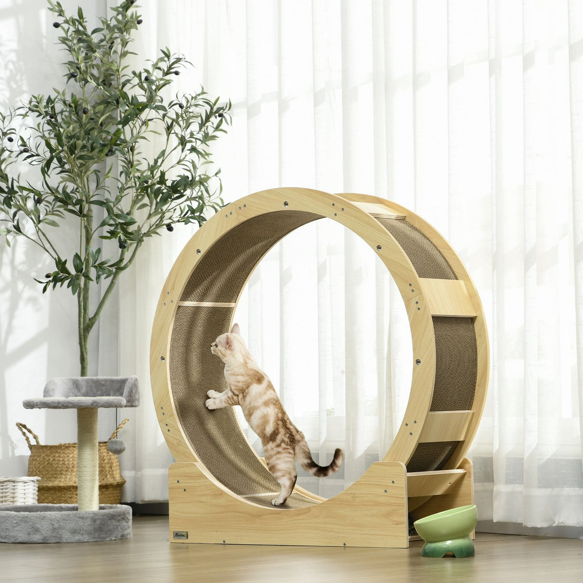 Cat Balance Bike 91 Cm With Brake, Scratching Board, Cat Wheel For Healthy Exercise, Relaxation, Oak