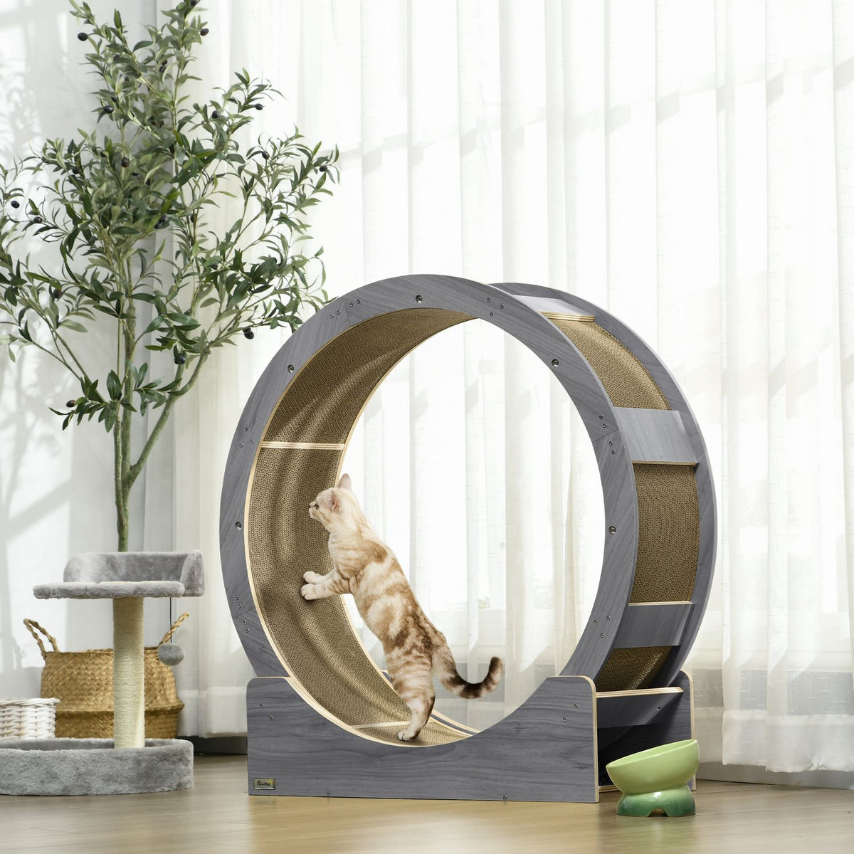Cat Balance Bike for Cats 91 cm with Brake, Scratching Board, Cat Wheel for Healthy Exercise, Relaxation, Gray