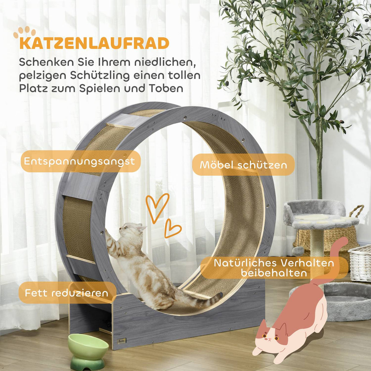 Cat Balance Bike for Cats 91 cm with Brake, Scratching Board, Cat Wheel for Healthy Exercise, Relaxation, Gray