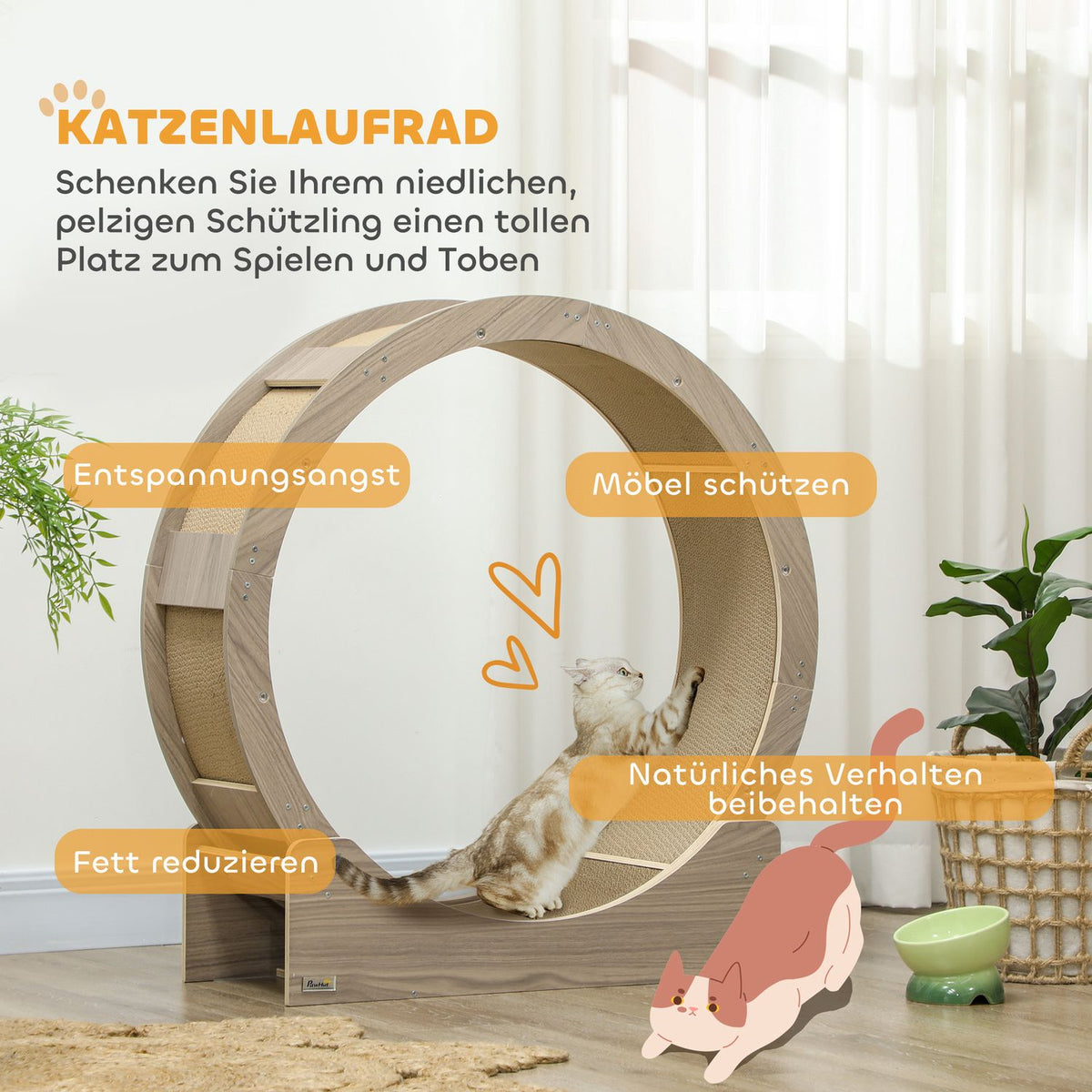 Cat Balance Bike for Cats 91 cm with Brake, Scratching Board, Cat Wheel for Healthy Exercise, Relaxation, Walnut