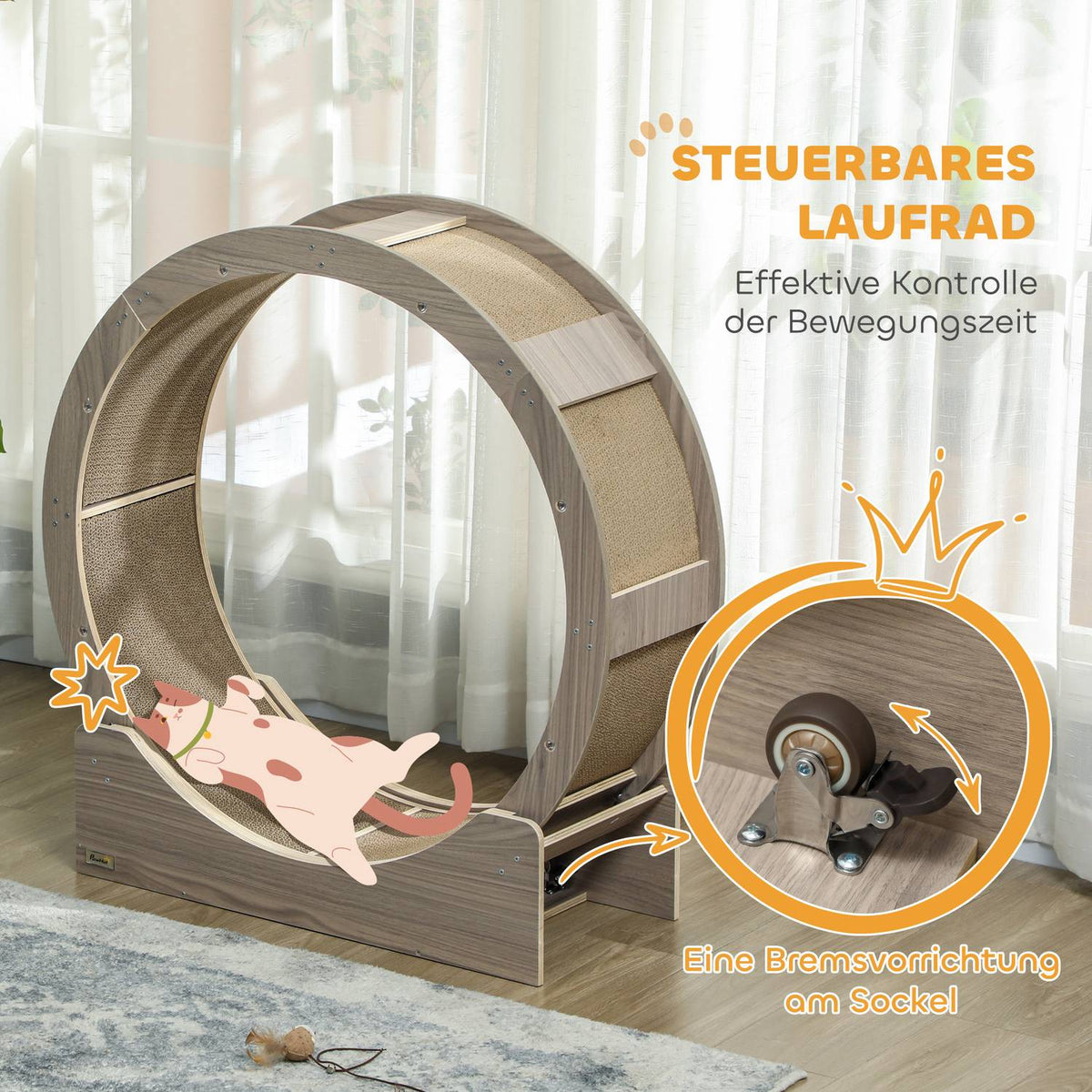 Cat Balance Bike for Cats 91 cm with Brake, Scratching Board, Cat Wheel for Healthy Exercise, Relaxation, Walnut