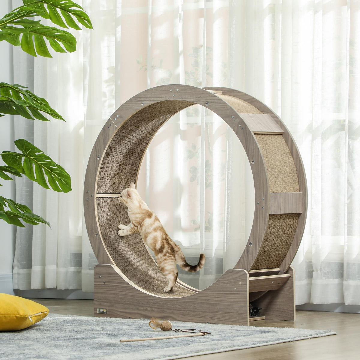 Cat Balance Bike for Cats 91 cm with Brake, Scratching Board, Cat Wheel for Healthy Exercise, Relaxation, Walnut