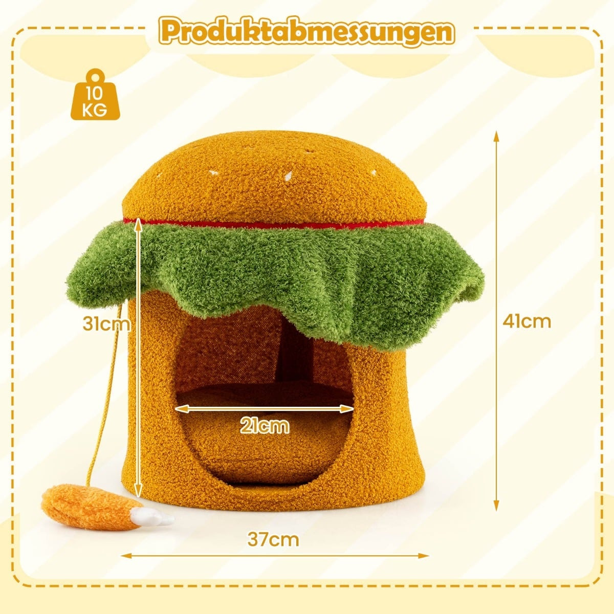 Cat Bed Cave, Hamburger Shape, Plush Cushion, Orange
