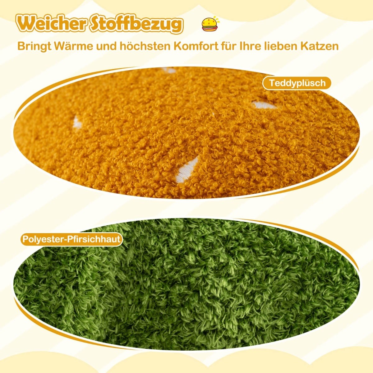 Cat Bed Cave, Hamburger Shape, Plush Cushion, Orange
