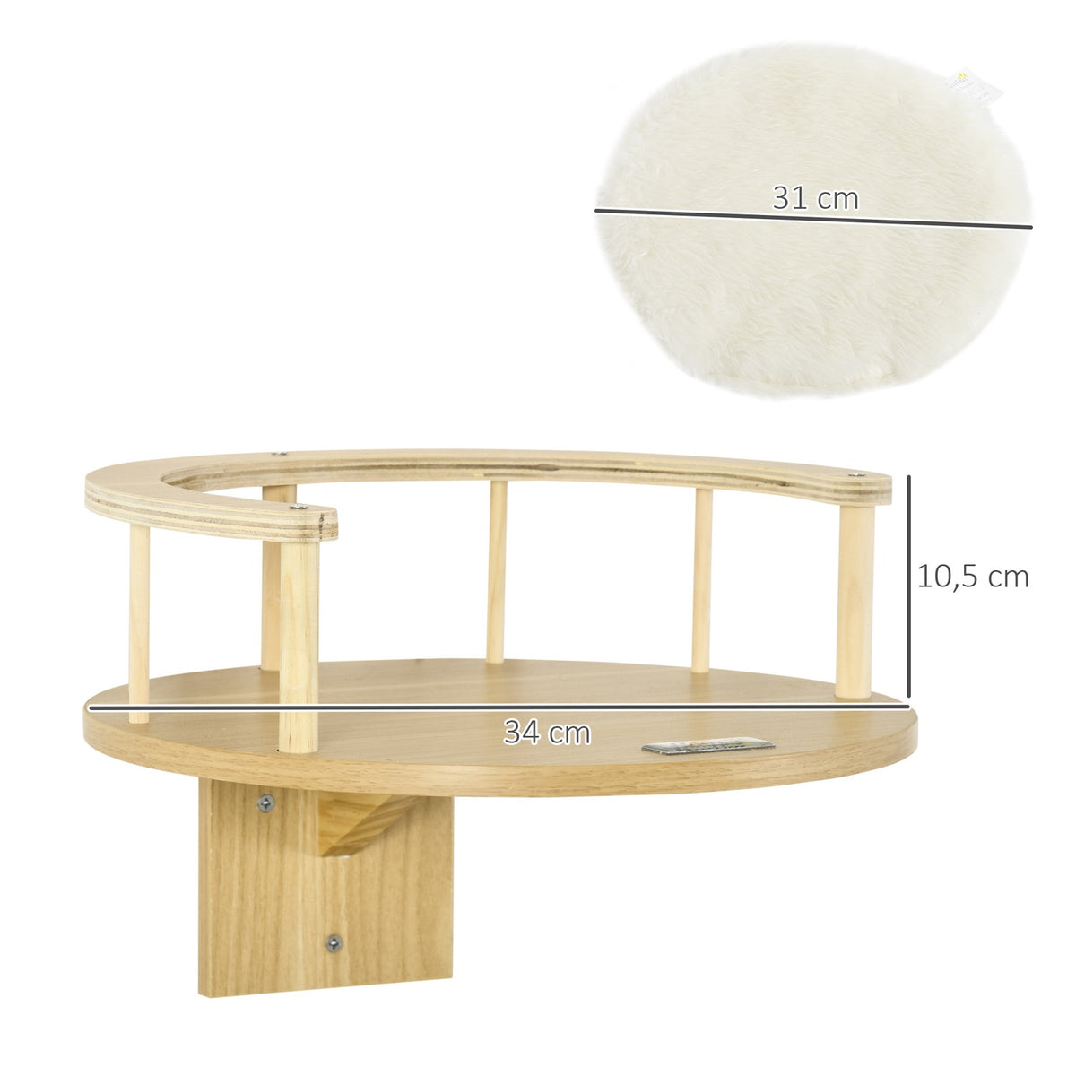 Cat Bed For Wall Mounting Cat Lounger With Protective Edge & Cushion, Oak + Cream White, Ø34X10.5 Cm