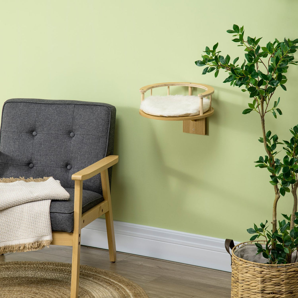 Cat Bed For Wall Mounting Cat Lounger With Protective Edge & Cushion, Oak + Cream White, Ø34X10.5 Cm