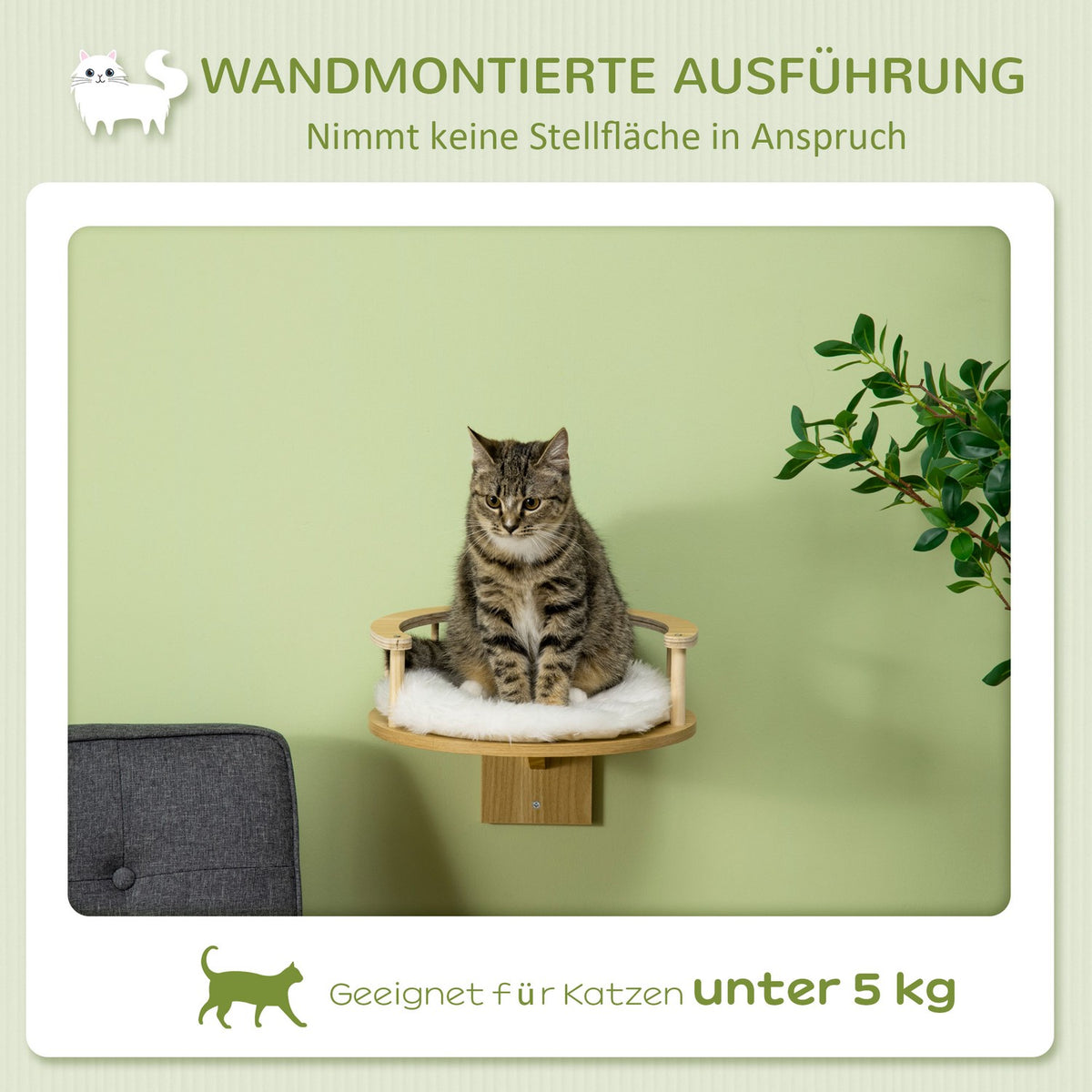 Cat Bed For Wall Mounting Cat Lounger With Protective Edge & Cushion, Oak + Cream White, Ø34X10.5 Cm
