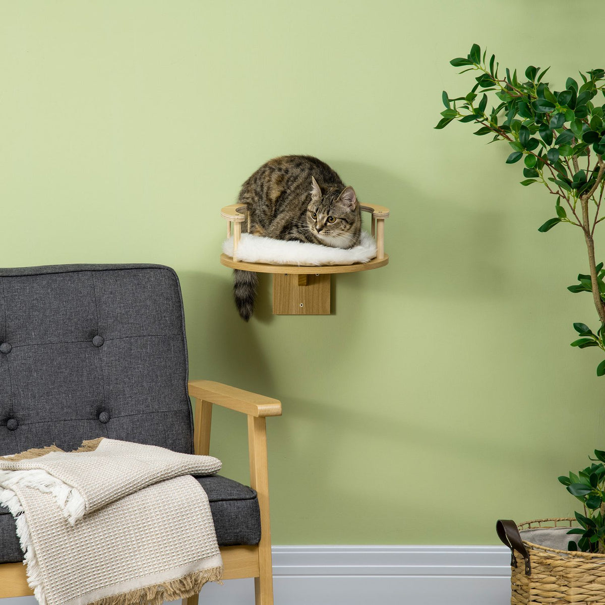 Cat Bed For Wall Mounting Cat Lounger With Protective Edge & Cushion, Oak + Cream White, Ø34X10.5 Cm