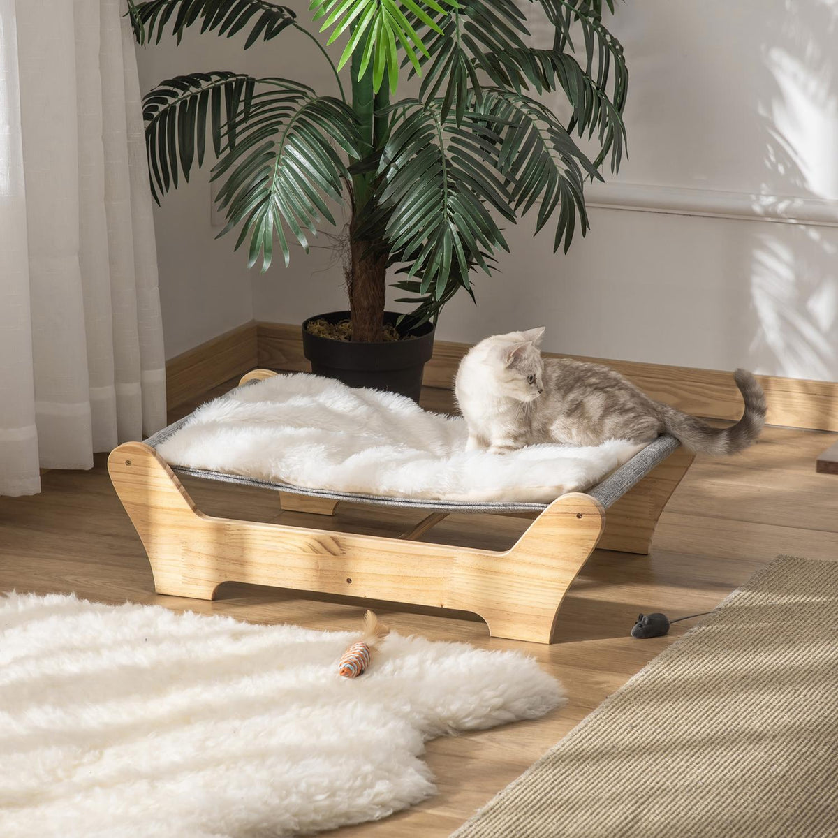 Cat Bed Hammock With Frame For Cats, Elevated Cat Nest With Soft Cushion, Pine Wood, 68X43X20Cm