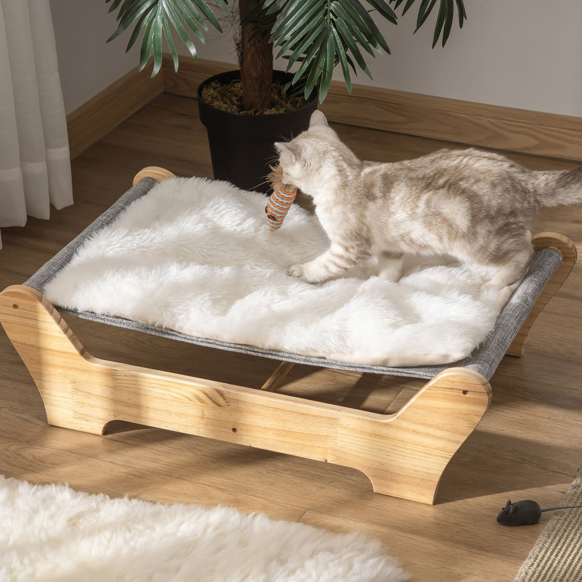 Cat Bed Hammock With Frame For Cats, Elevated Cat Nest With Soft Cushion, Pine Wood, 68X43X20Cm