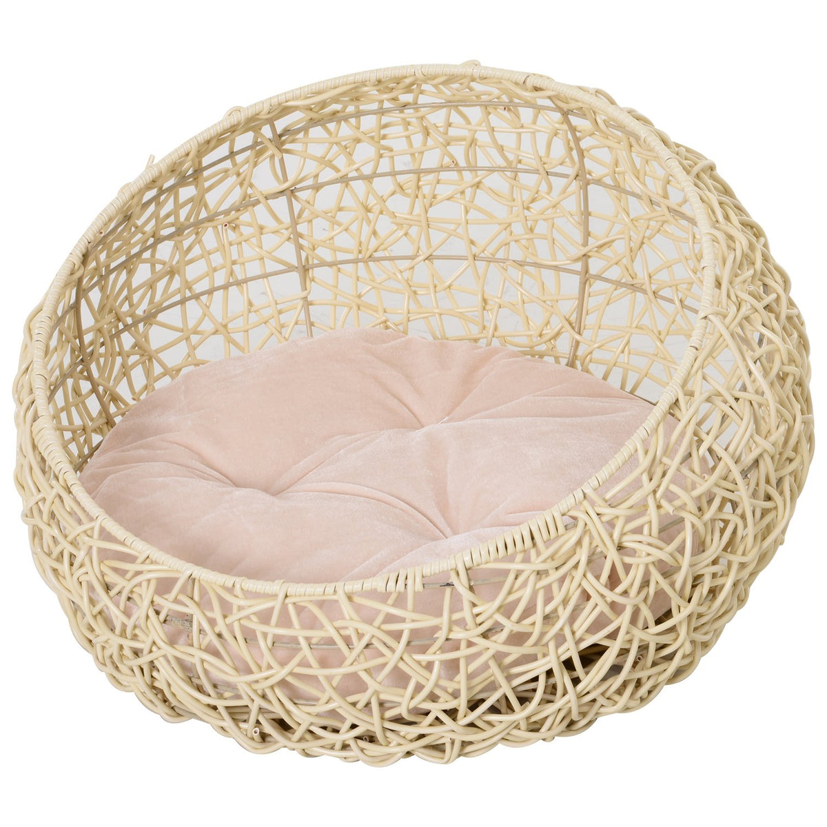Cat Bed Made Of Rattan Comfortable Cat Cave With Cushion, Cat Basket & Dog Bed, Beige, Ø56X35Cm